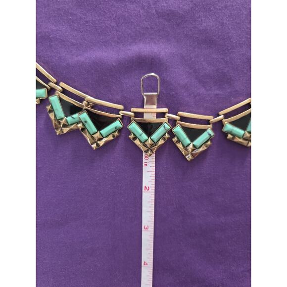 Egyptian Style Statement Necklace Gold Tone Brass Faux Turquoise Chevron Links - Picture 8 of 8